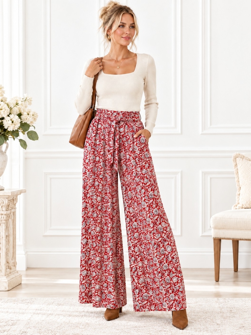 Patrons of Peace Red Floral Palazzo Pants Wide Leg Boho | Size Medium